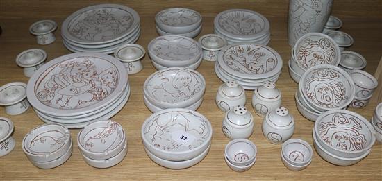 Pottery: Recheda Crouse Scrafito, drawn figurative dinner service